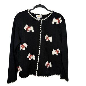 VTG Talbots Scottie Dog Cardigan Sweater Black Novelty Knit Womens Size MEDIUM